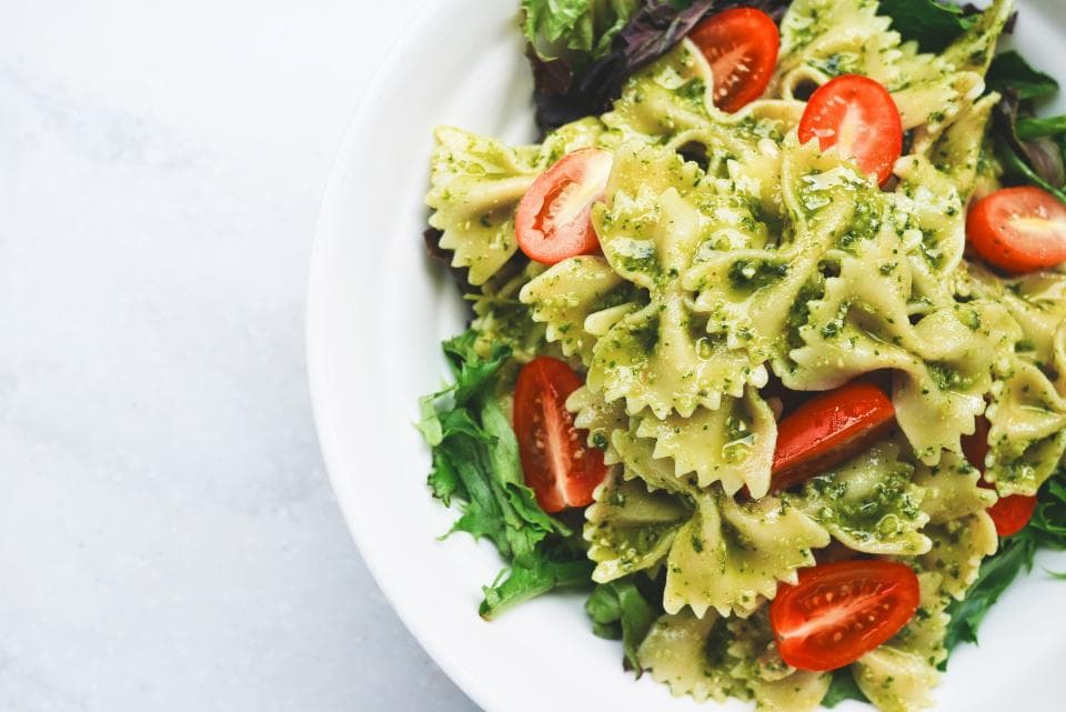 A bowl of pasta salad