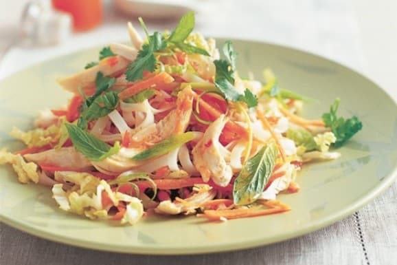 Vietnamese chicken noodle salad with herbs and peanuts