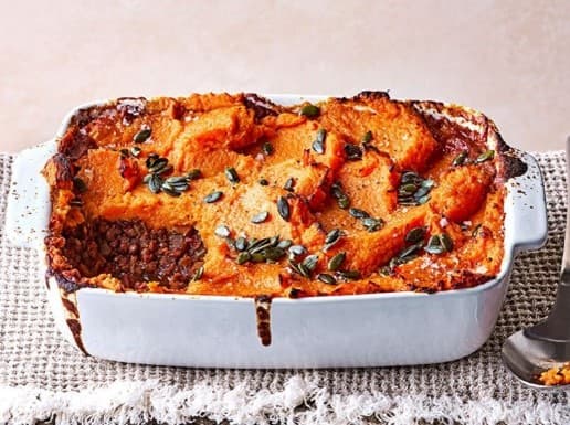 Lentil cottage pie topped with mashed pumpkin