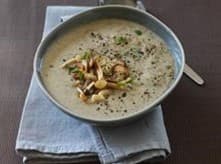 A bowl of roasted garlic and mushroom soup